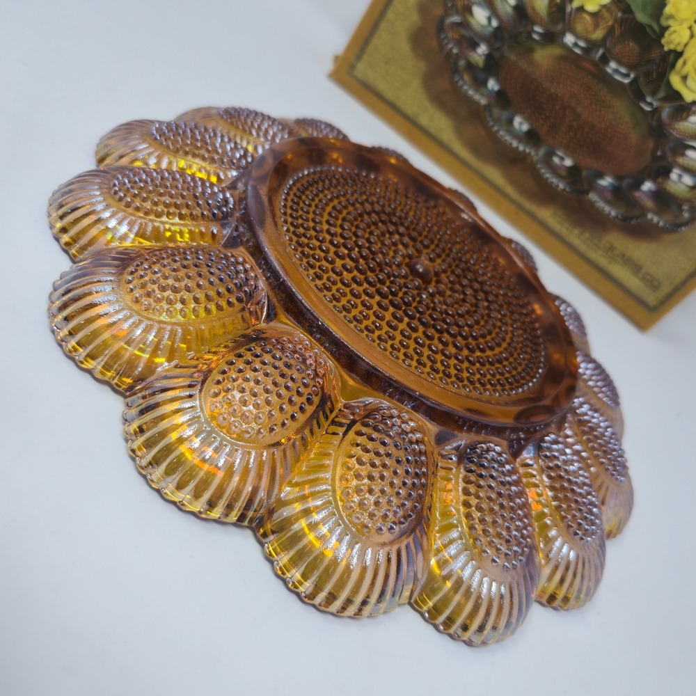 Indiana Glass Gold Carnival Hobnail Egg Plate Relish Tray 1213 Amber Rainbow - Picture 7 of 12
